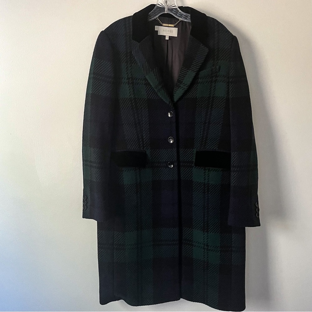 Hobbs London Wool Blend Blackwatch Green Plaid Notch Lapel Coat Velvet Trim 12